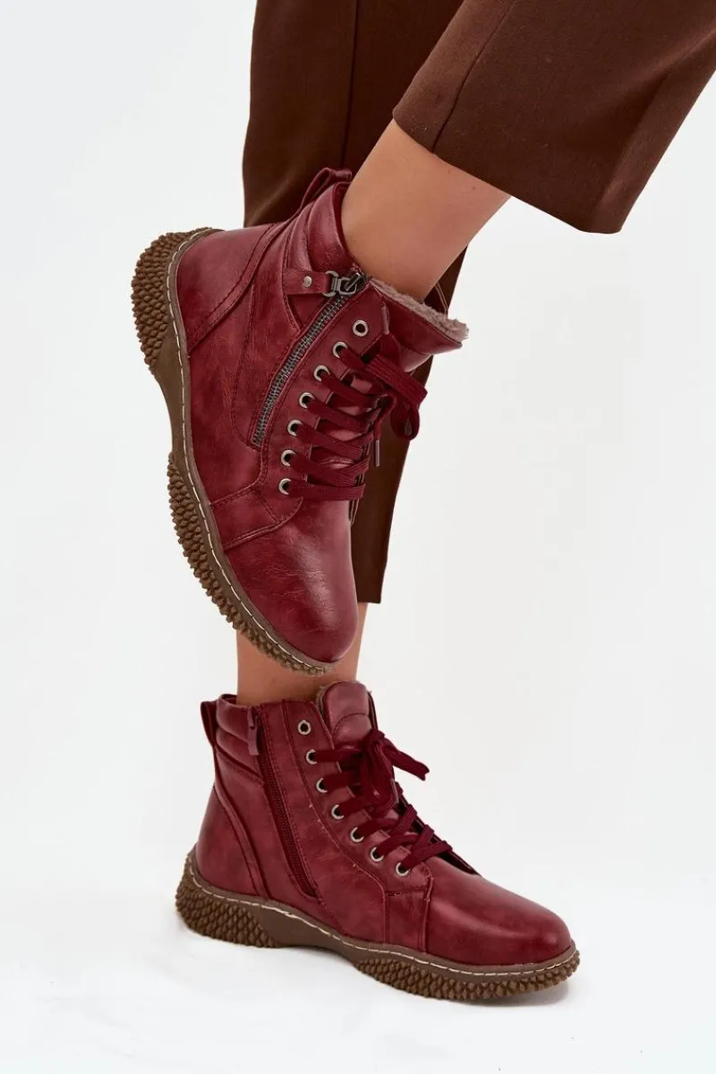 Evento Botki Damskie Ocieplane Futerkiem Z Eko Skóry Bordowe Ulverina