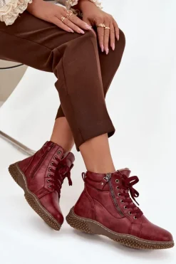 Evento Botki Damskie Ocieplane Futerkiem Z Eko Skóry Bordowe Ulverina