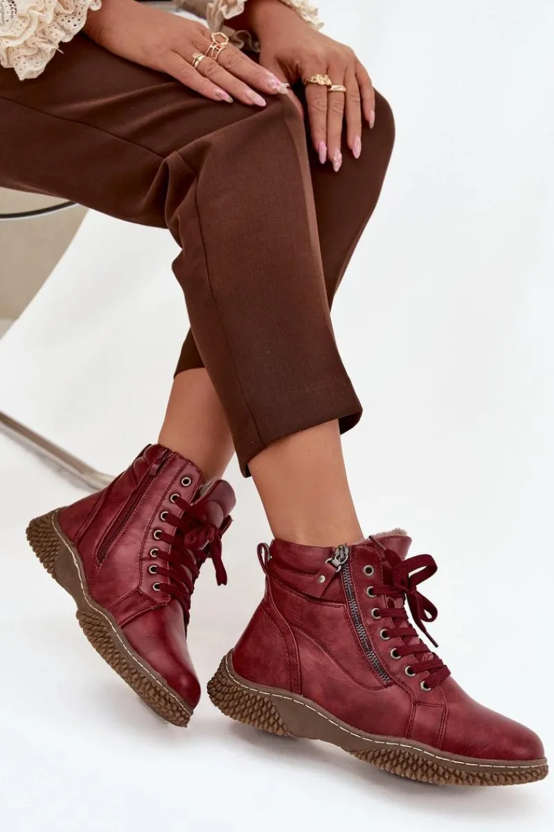 Evento Botki Damskie Ocieplane Futerkiem Z Eko Skóry Bordowe Ulverina