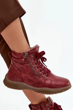 Evento Botki Damskie Ocieplane Futerkiem Z Eko Skóry Bordowe Ulverina