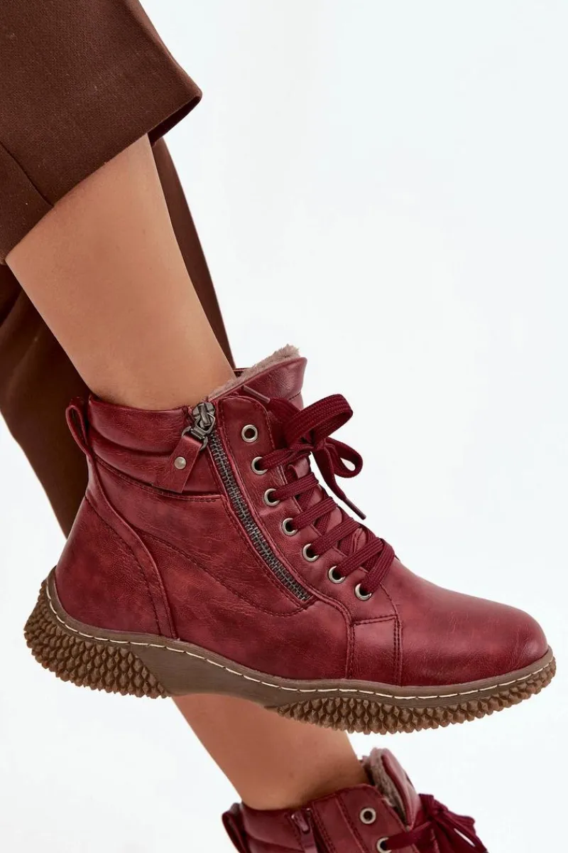 Evento Botki Damskie Ocieplane Futerkiem Z Eko Skóry Bordowe Ulverina