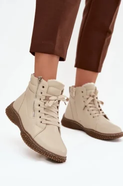 Botki Ocieplane|Damskie Trapery>Evento Botki Damskie Ocieplane Futerkiem Z Eko Skóry Beżowe Ulverina Beżowy
