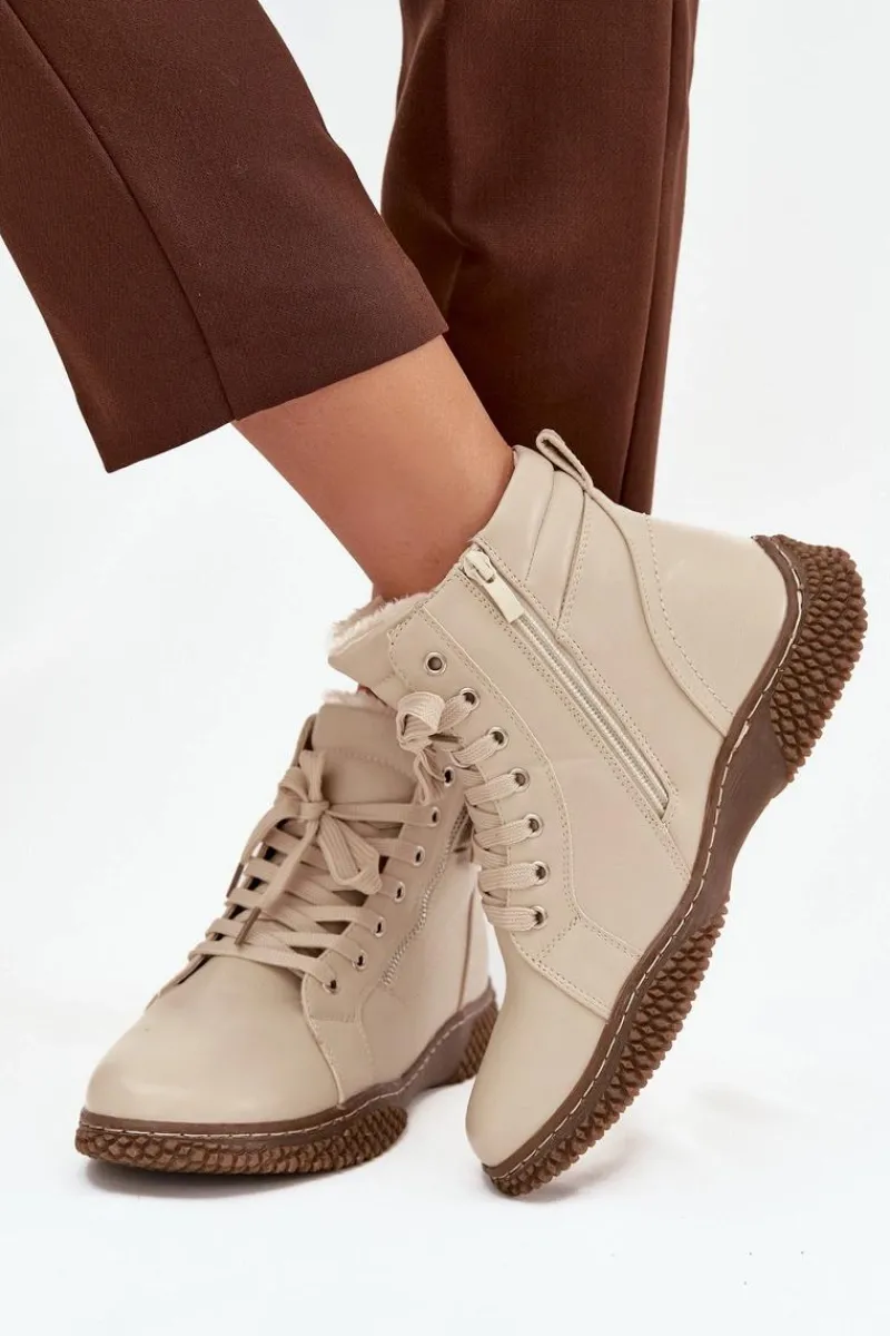 Botki Ocieplane|Damskie Trapery>Evento Botki Damskie Ocieplane Futerkiem Z Eko Skóry Beżowe Ulverina Beżowy