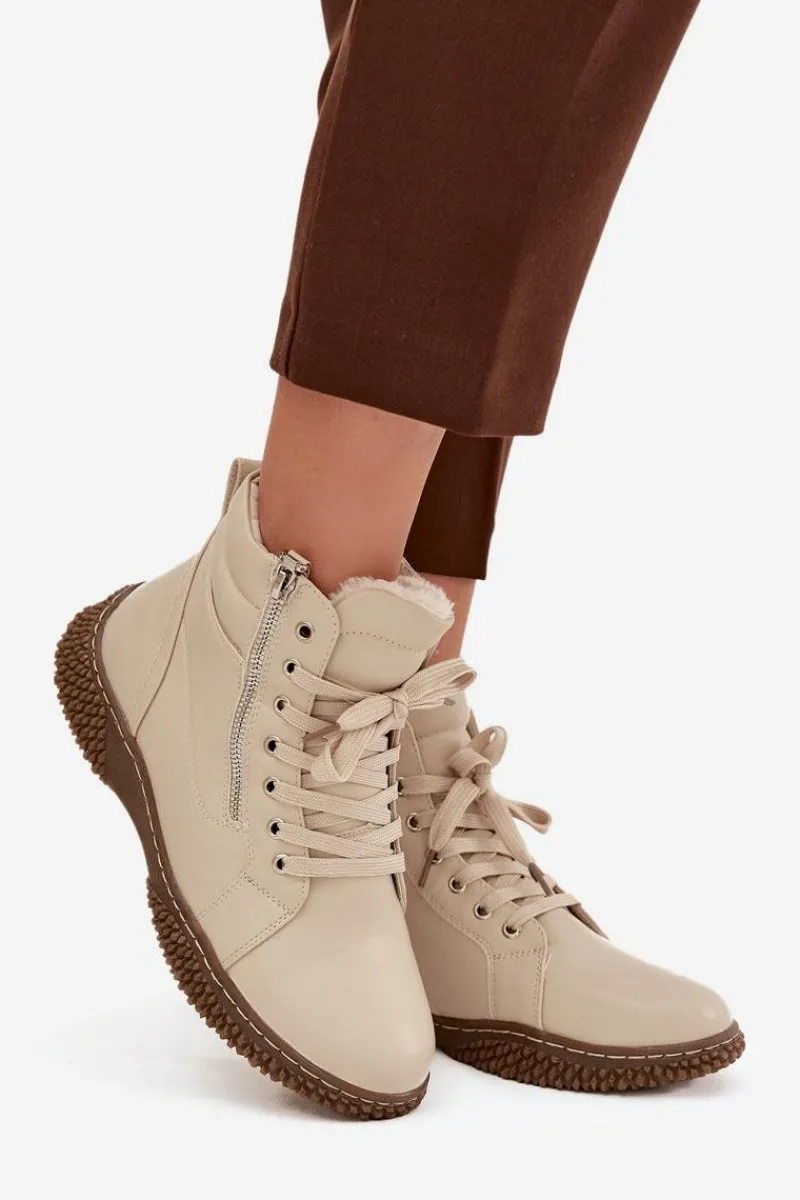 Botki Ocieplane|Damskie Trapery>Evento Botki Damskie Ocieplane Futerkiem Z Eko Skóry Beżowe Ulverina Beżowy