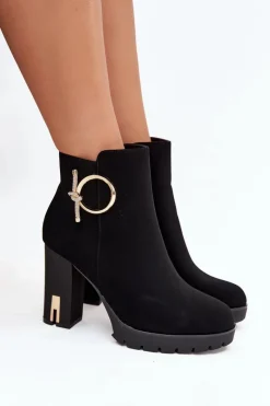 Outlet Boto Botki Damskie Ocieplane Na Słupku Ze Złotą Ozdobą Czarne Ysolde