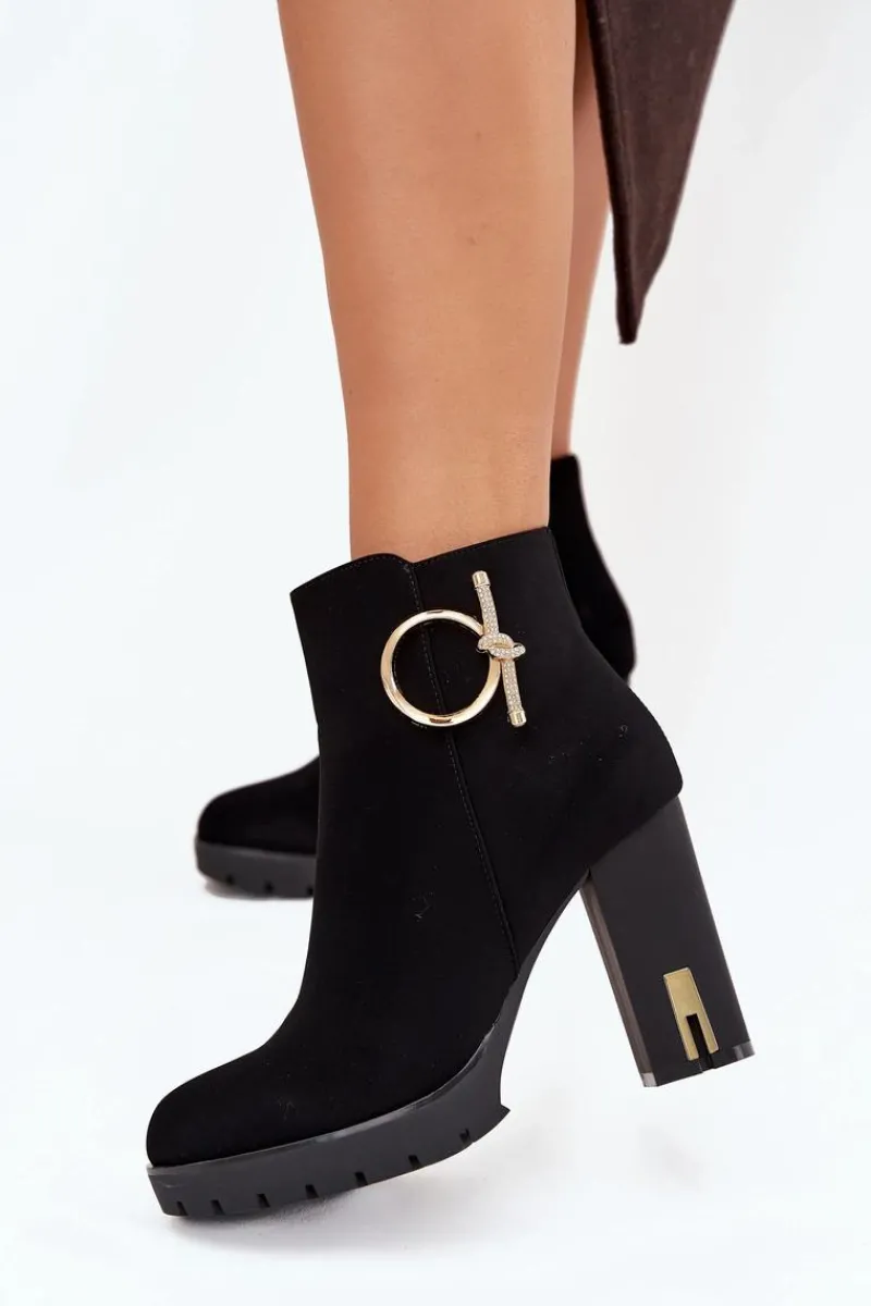 Outlet Boto Botki Damskie Ocieplane Na Słupku Ze Złotą Ozdobą Czarne Ysolde