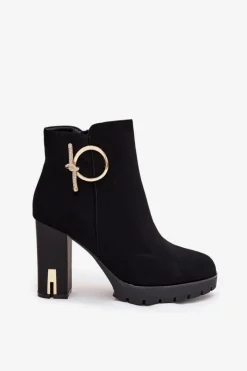 Outlet Boto Botki Damskie Ocieplane Na Słupku Ze Złotą Ozdobą Czarne Ysolde