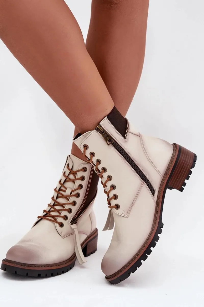 Clearance Botki Damskie Ocieplane Na Klocku Vinceza 58559 Beżowe Damskie Botki Ocieplane|Botki Sznurowane