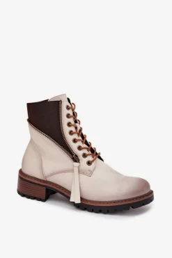 Clearance Botki Damskie Ocieplane Na Klocku Vinceza 58559 Beżowe Damskie Botki Ocieplane|Botki Sznurowane