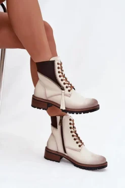 Clearance Botki Damskie Ocieplane Na Klocku Vinceza 58559 Beżowe Damskie Botki Ocieplane|Botki Sznurowane