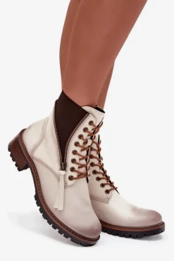 Clearance Botki Damskie Ocieplane Na Klocku Vinceza 58559 Beżowe Damskie Botki Ocieplane|Botki Sznurowane