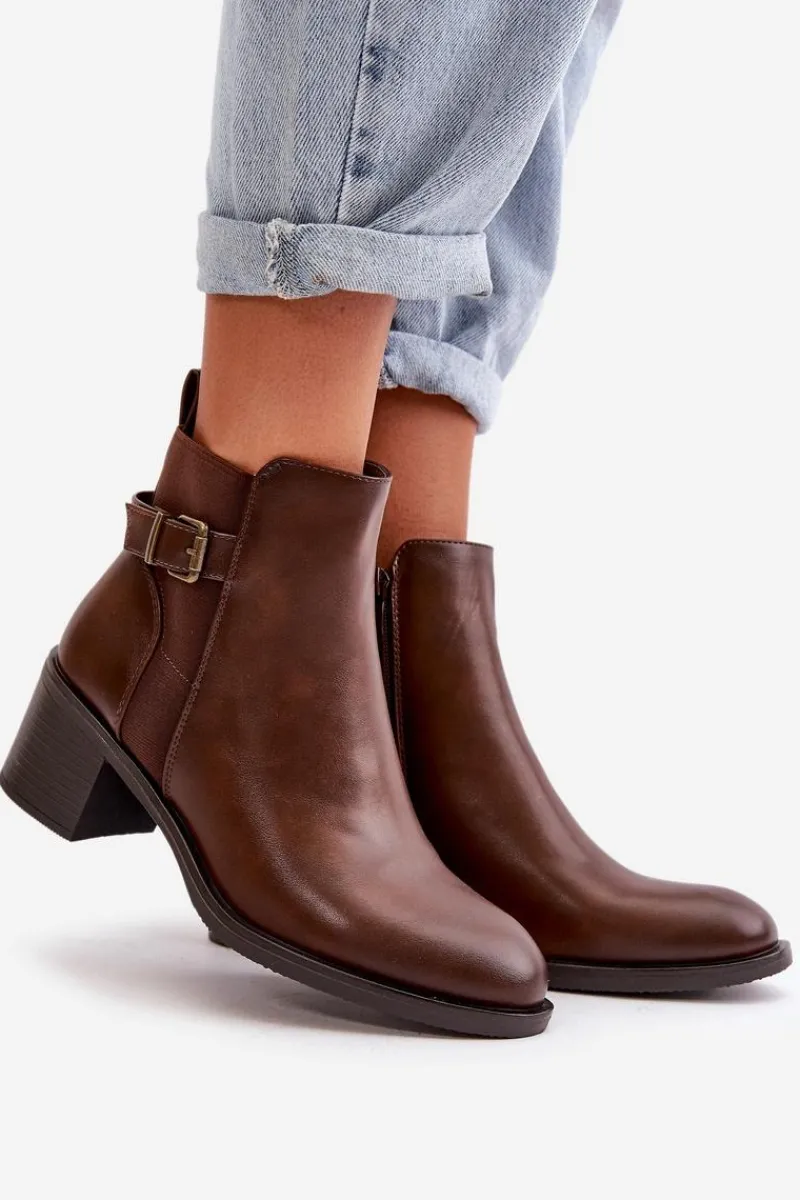 New Boto Botki Damskie Ocieplane Na Słupku Z Klamrą Brązowe Nevillira