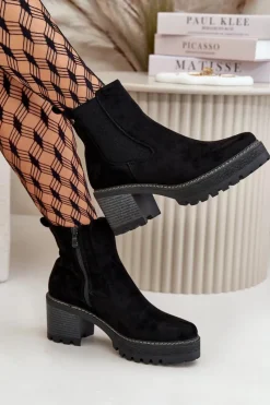 Sale Botki Damskie Ocieplane Na Słupku Eko Zamszowe Czarne Irissinae Damskie Botki Ocieplane|Brązowe I Beżowe Botki