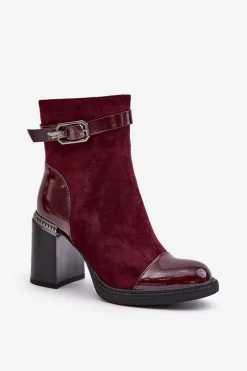Sale Botki Damskie Ocieplane Na Obcasie Słupku Z Ozdobną Klamrą D&A MR880-085 Bordowe Damskie Botki Na Słupku|Czarne Botki