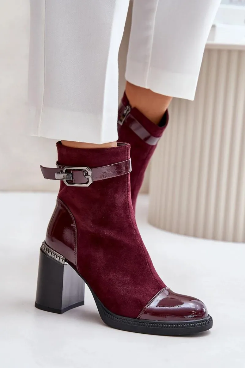 Sale Botki Damskie Ocieplane Na Obcasie Słupku Z Ozdobną Klamrą D&A MR880-085 Bordowe Damskie Botki Na Słupku|Czarne Botki