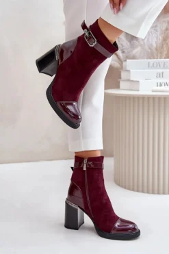 Sale Botki Damskie Ocieplane Na Obcasie Słupku Z Ozdobną Klamrą D&A MR880-085 Bordowe Damskie Botki Na Słupku|Czarne Botki