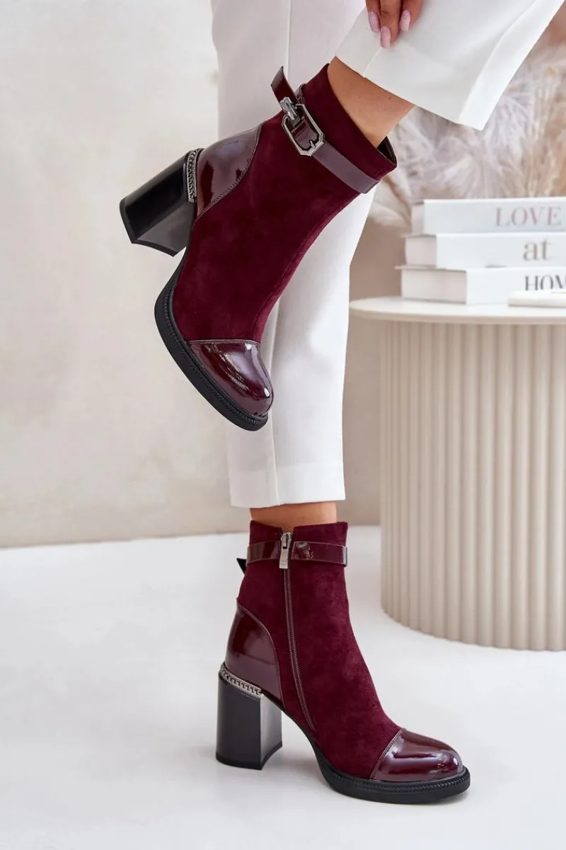 Sale Botki Damskie Ocieplane Na Obcasie Słupku Z Ozdobną Klamrą D&A MR880-085 Bordowe Damskie Botki Na Słupku|Czarne Botki