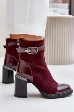 Sale Botki Damskie Ocieplane Na Obcasie Słupku Z Ozdobną Klamrą D&A MR880-085 Bordowe Damskie Botki Na Słupku|Czarne Botki