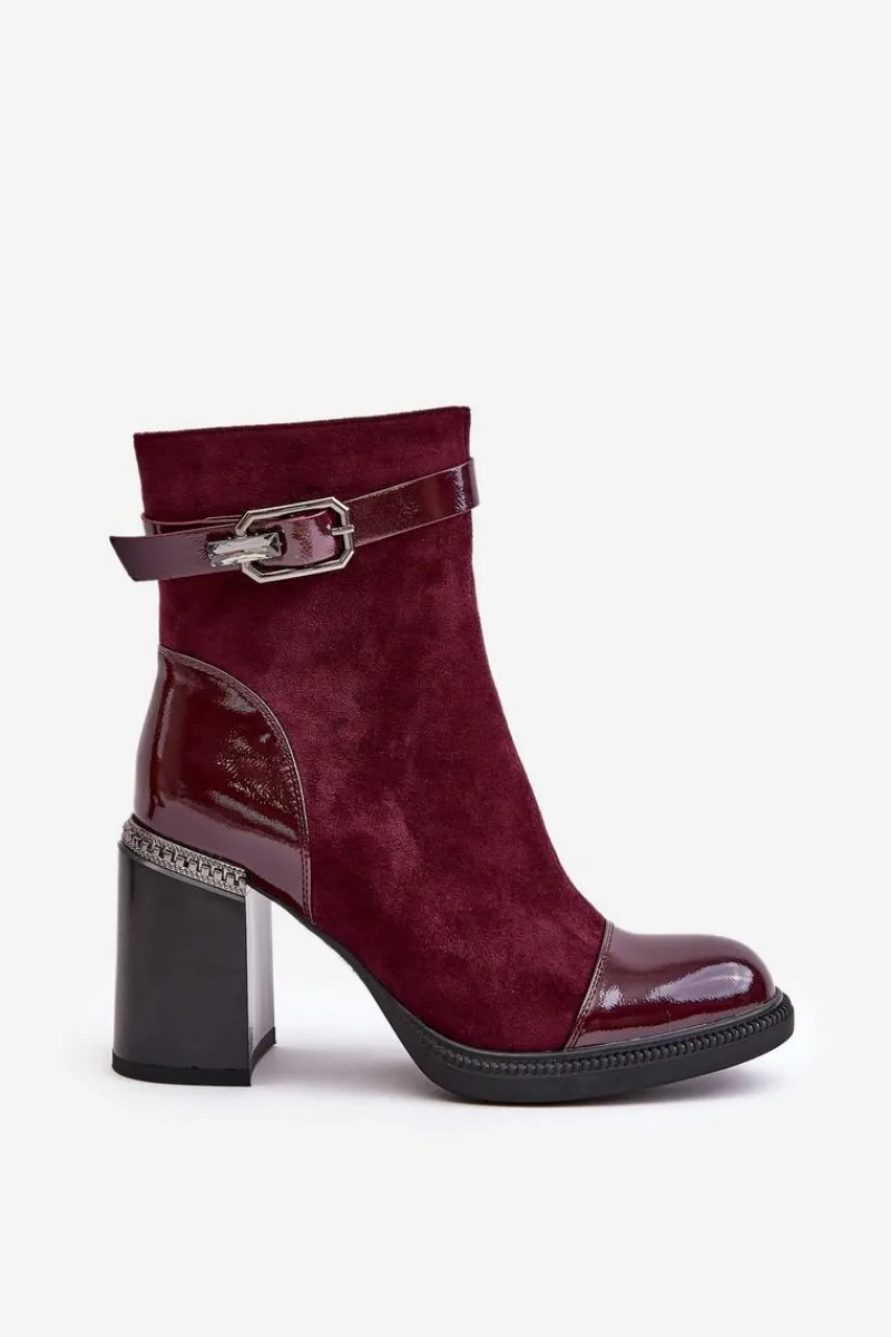 Sale Botki Damskie Ocieplane Na Obcasie Słupku Z Ozdobną Klamrą D&A MR880-085 Bordowe Damskie Botki Na Słupku|Czarne Botki