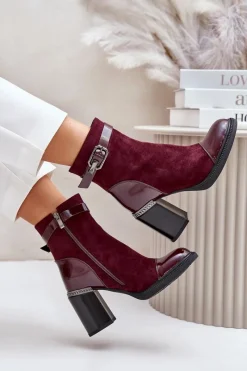 Sale Botki Damskie Ocieplane Na Obcasie Słupku Z Ozdobną Klamrą D&A MR880-085 Bordowe Damskie Botki Na Słupku|Czarne Botki