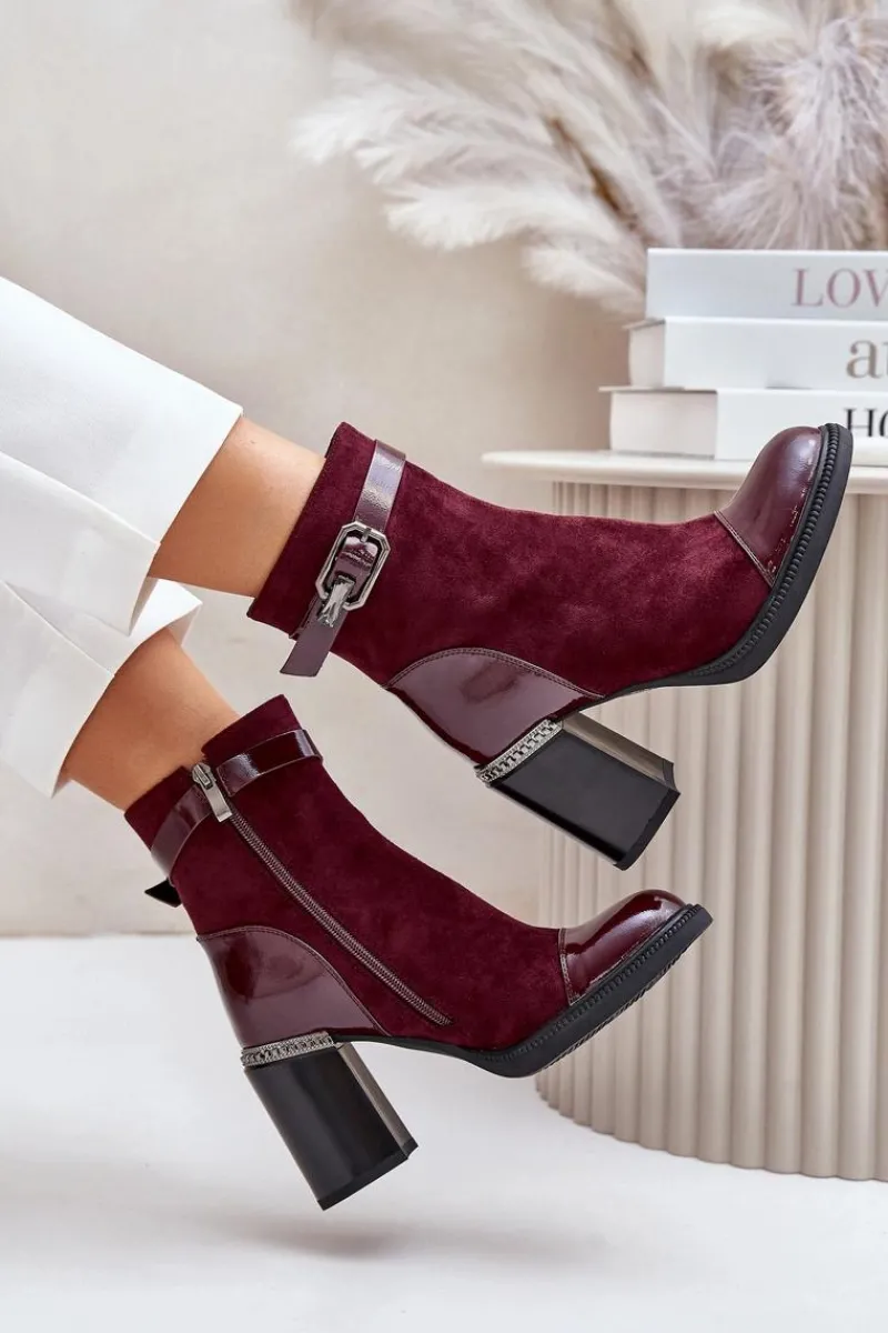 Sale Botki Damskie Ocieplane Na Obcasie Słupku Z Ozdobną Klamrą D&A MR880-085 Bordowe Damskie Botki Na Słupku|Czarne Botki