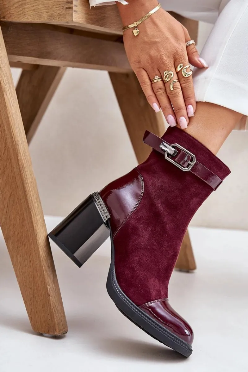 Sale Botki Damskie Ocieplane Na Obcasie Słupku Z Ozdobną Klamrą D&A MR880-085 Bordowe Damskie Botki Na Słupku|Czarne Botki