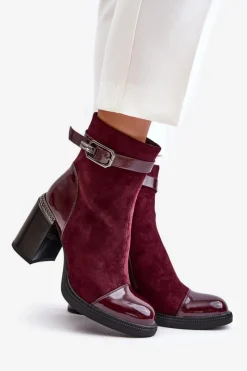 Sale Botki Damskie Ocieplane Na Obcasie Słupku Z Ozdobną Klamrą D&A MR880-085 Bordowe Damskie Botki Na Słupku|Czarne Botki