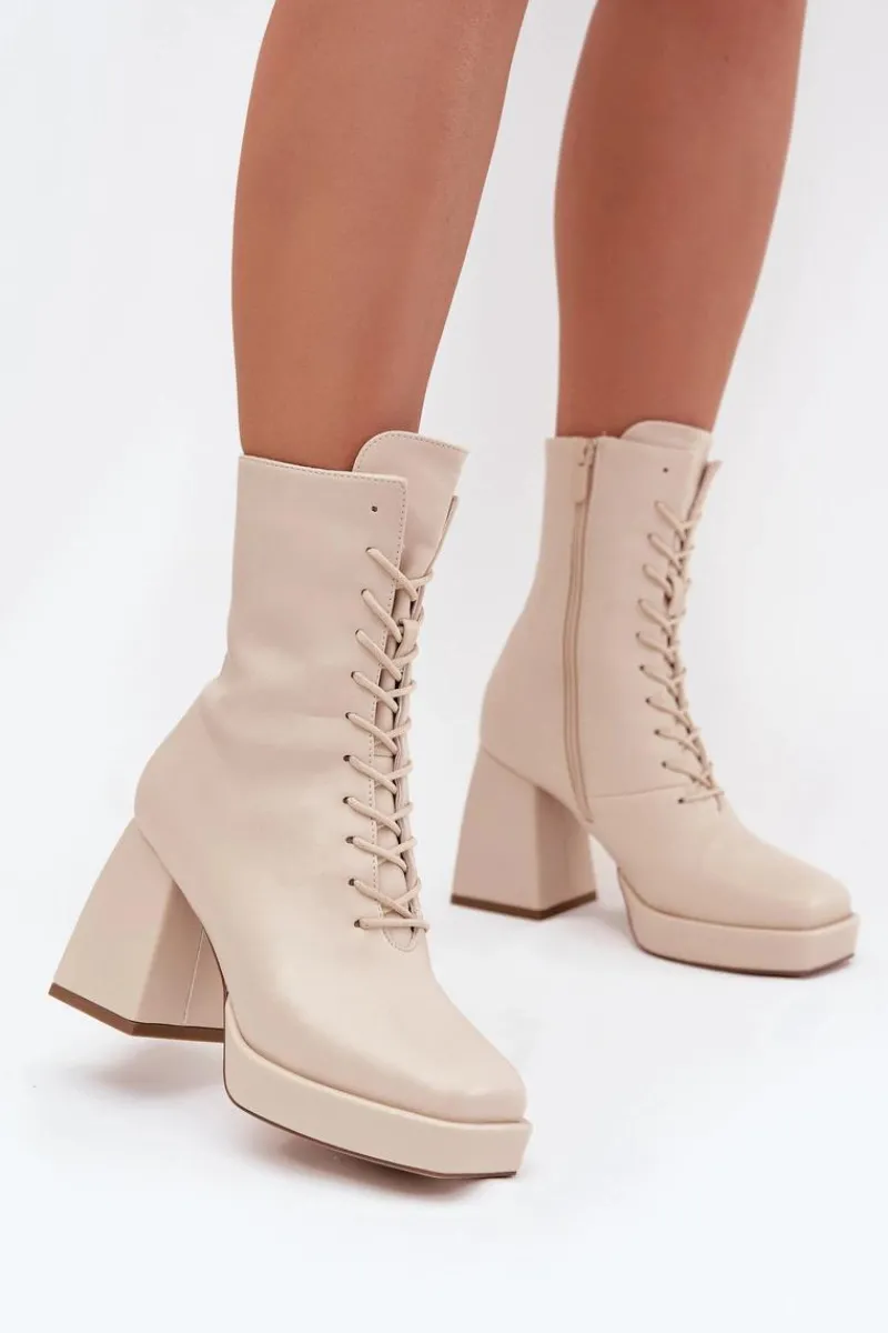 Botki Ocieplane|Botki Na Słupku>Boto Botki Damskie Ocieplane Na Słupku Ze Sznurowaniem Jasnobeżowe Juvina Beżowy