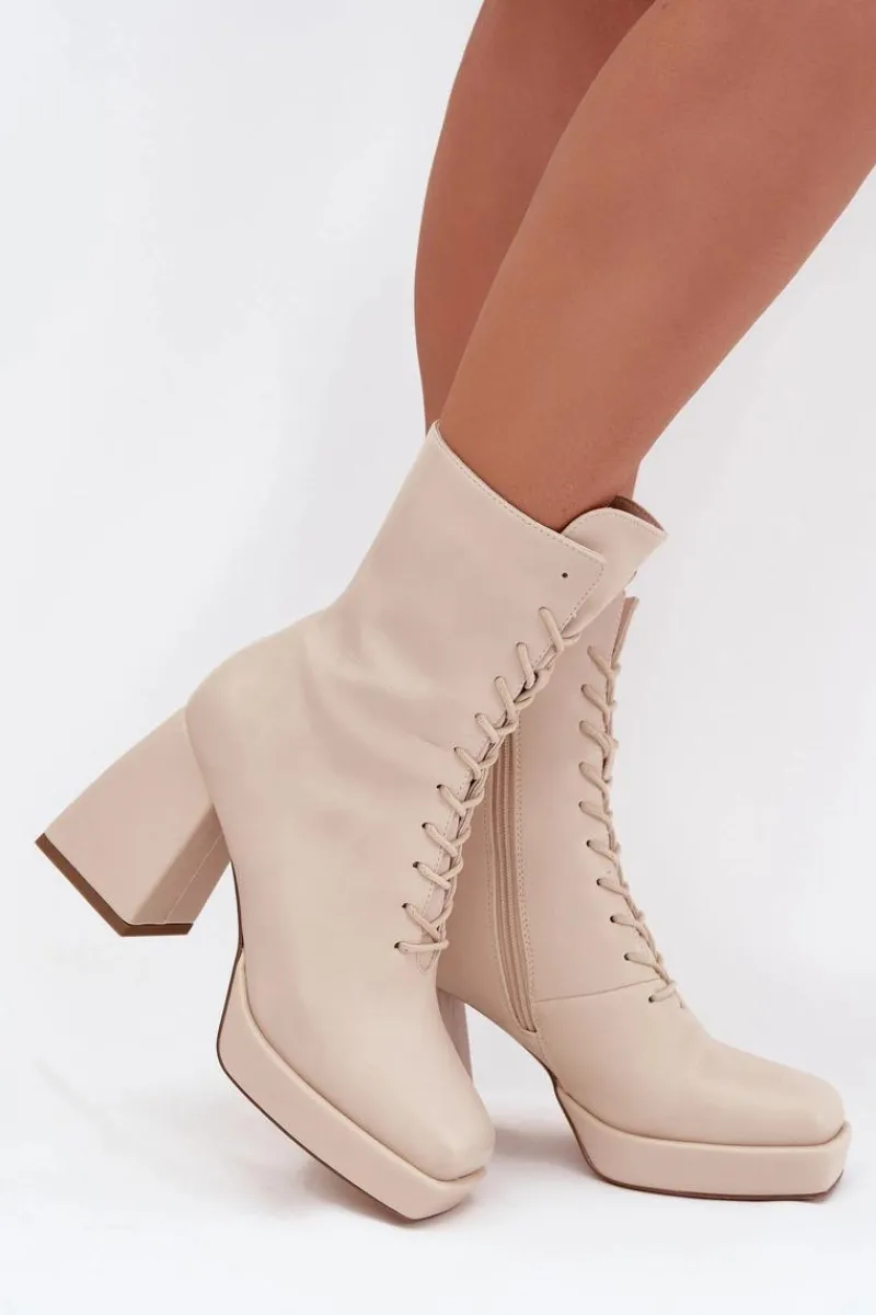 Botki Ocieplane|Botki Na Słupku>Boto Botki Damskie Ocieplane Na Słupku Ze Sznurowaniem Jasnobeżowe Juvina Beżowy