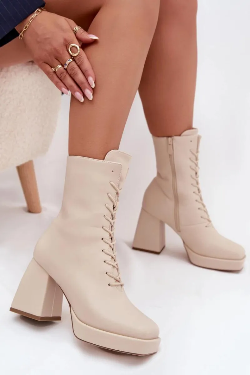 Botki Ocieplane|Botki Na Słupku>Boto Botki Damskie Ocieplane Na Słupku Ze Sznurowaniem Jasnobeżowe Juvina Beżowy