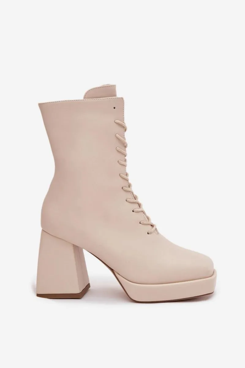 Botki Ocieplane|Botki Na Słupku>Boto Botki Damskie Ocieplane Na Słupku Ze Sznurowaniem Jasnobeżowe Juvina Beżowy