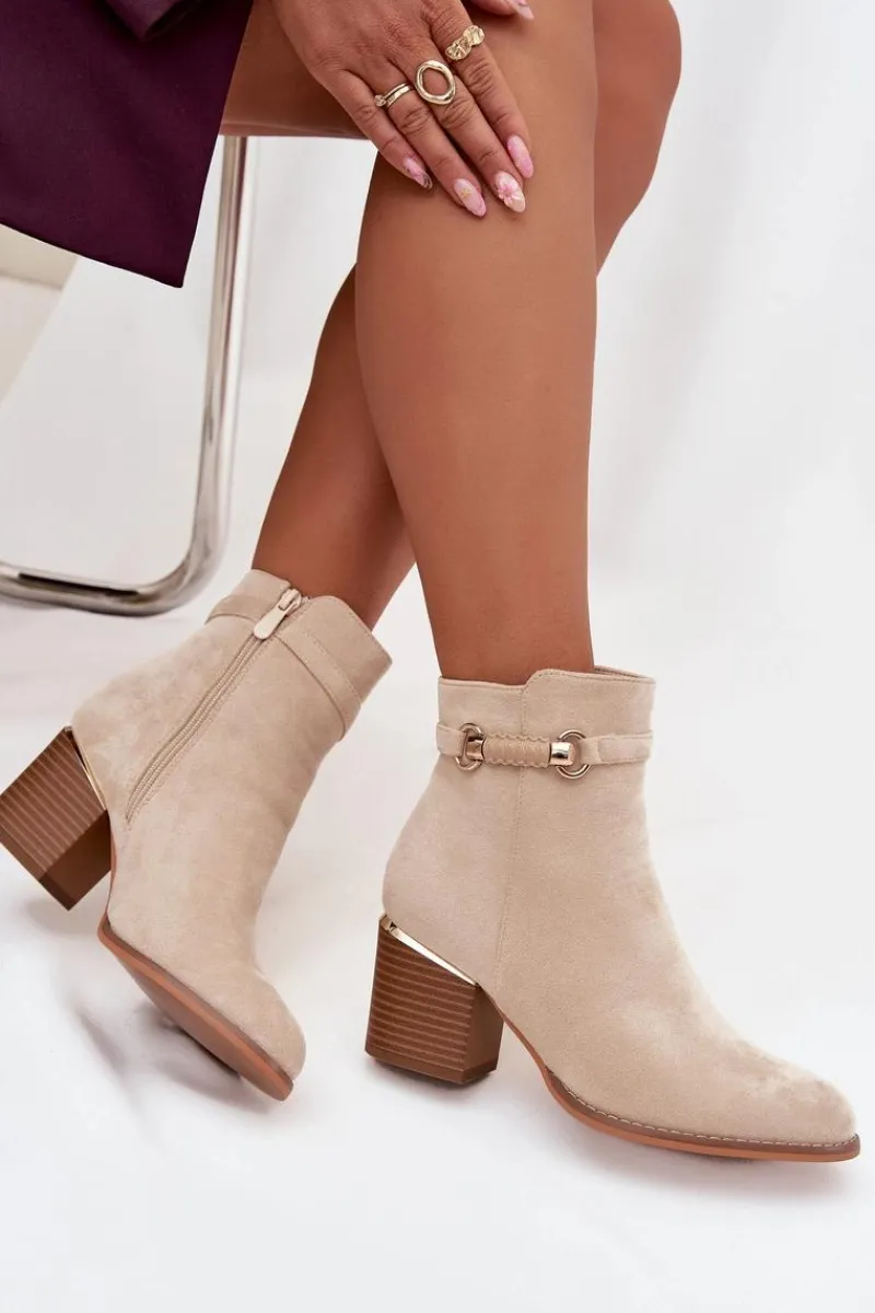 Botki Damskie Ocieplane Na Słupku Z Ozdobnym Paskiem Beżowe Galissa Damskie Botki Ocieplane|Botki Na Słupku