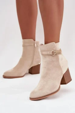 Botki Damskie Ocieplane Na Słupku Z Ozdobnym Paskiem Beżowe Galissa Damskie Botki Ocieplane|Botki Na Słupku
