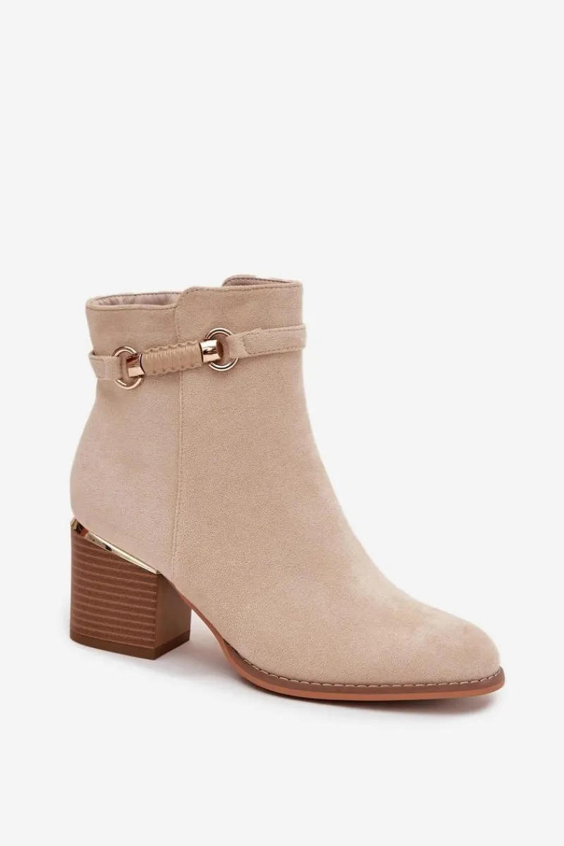 Botki Damskie Ocieplane Na Słupku Z Ozdobnym Paskiem Beżowe Galissa Damskie Botki Ocieplane|Botki Na Słupku