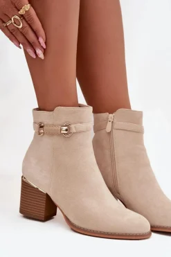 Botki Damskie Ocieplane Na Słupku Z Ozdobnym Paskiem Beżowe Galissa Damskie Botki Ocieplane|Botki Na Słupku