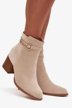 Botki Damskie Ocieplane Na Słupku Z Ozdobnym Paskiem Beżowe Galissa Damskie Botki Ocieplane|Botki Na Słupku