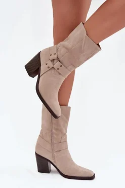 New Boto Botki Damskie Ocieplane Na Słupku Z Paskami I Ozdobnym Detalem Beżowe Neria Beżowy
