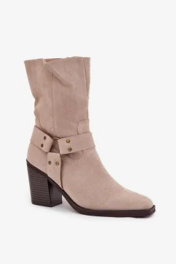 New Boto Botki Damskie Ocieplane Na Słupku Z Paskami I Ozdobnym Detalem Beżowe Neria Beżowy