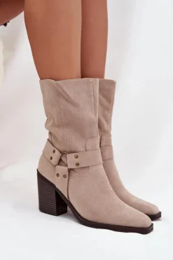 New Boto Botki Damskie Ocieplane Na Słupku Z Paskami I Ozdobnym Detalem Beżowe Neria Beżowy