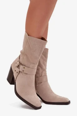 New Boto Botki Damskie Ocieplane Na Słupku Z Paskami I Ozdobnym Detalem Beżowe Neria Beżowy