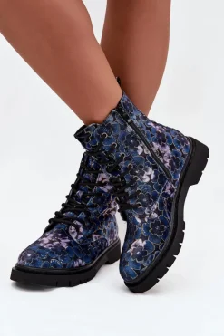 Discount Botki Damskie Ocieplane W Kwiaty 57C1052 Granatowe Damskie Botki Ocieplane|Damskie Trapery
