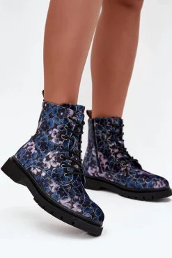 Discount Botki Damskie Ocieplane W Kwiaty 57C1052 Granatowe Damskie Botki Ocieplane|Damskie Trapery
