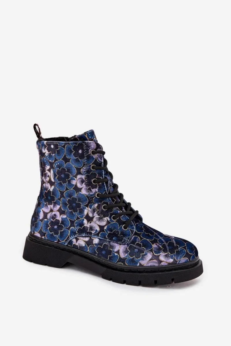 Discount Botki Damskie Ocieplane W Kwiaty 57C1052 Granatowe Damskie Botki Ocieplane|Damskie Trapery