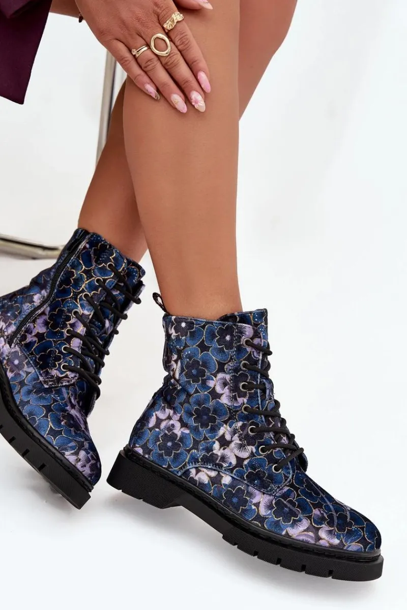 Discount Botki Damskie Ocieplane W Kwiaty 57C1052 Granatowe Damskie Botki Ocieplane|Damskie Trapery