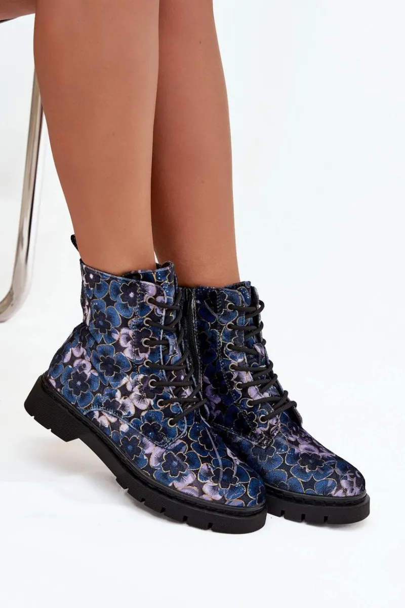 Discount Botki Damskie Ocieplane W Kwiaty 57C1052 Granatowe Damskie Botki Ocieplane|Damskie Trapery