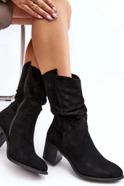 Sale Botki Damskie Ocieplane Z Marszczoną Cholewką Na Słupku Czarne Shavy Damskie Brązowe I Beżowe Botki|Botki Na Obcasie