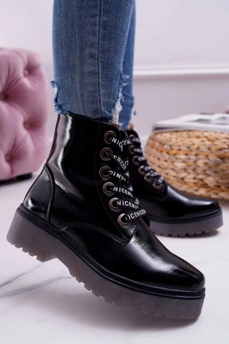 Online Botki Damskie Płaski Obcas Glany Lakierowane Czarne Sergio Leone TR726 Damskie Botki Sznurowane|Botki Zimowe Damskie