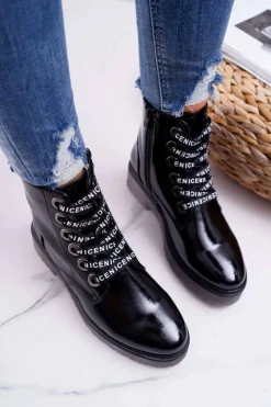 Online Botki Damskie Płaski Obcas Glany Lakierowane Czarne Sergio Leone TR726 Damskie Botki Sznurowane|Botki Zimowe Damskie