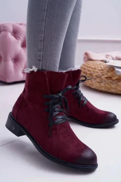 Hot Botki Damskie Płaski Obcas Workery Bordowe Teref Damskie Botki Sznurowane|Botki Zimowe Damskie