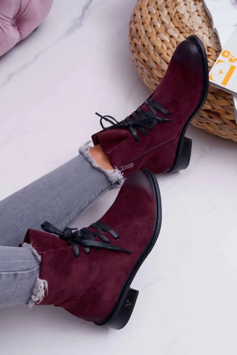 Hot Botki Damskie Płaski Obcas Workery Bordowe Teref Damskie Botki Sznurowane|Botki Zimowe Damskie